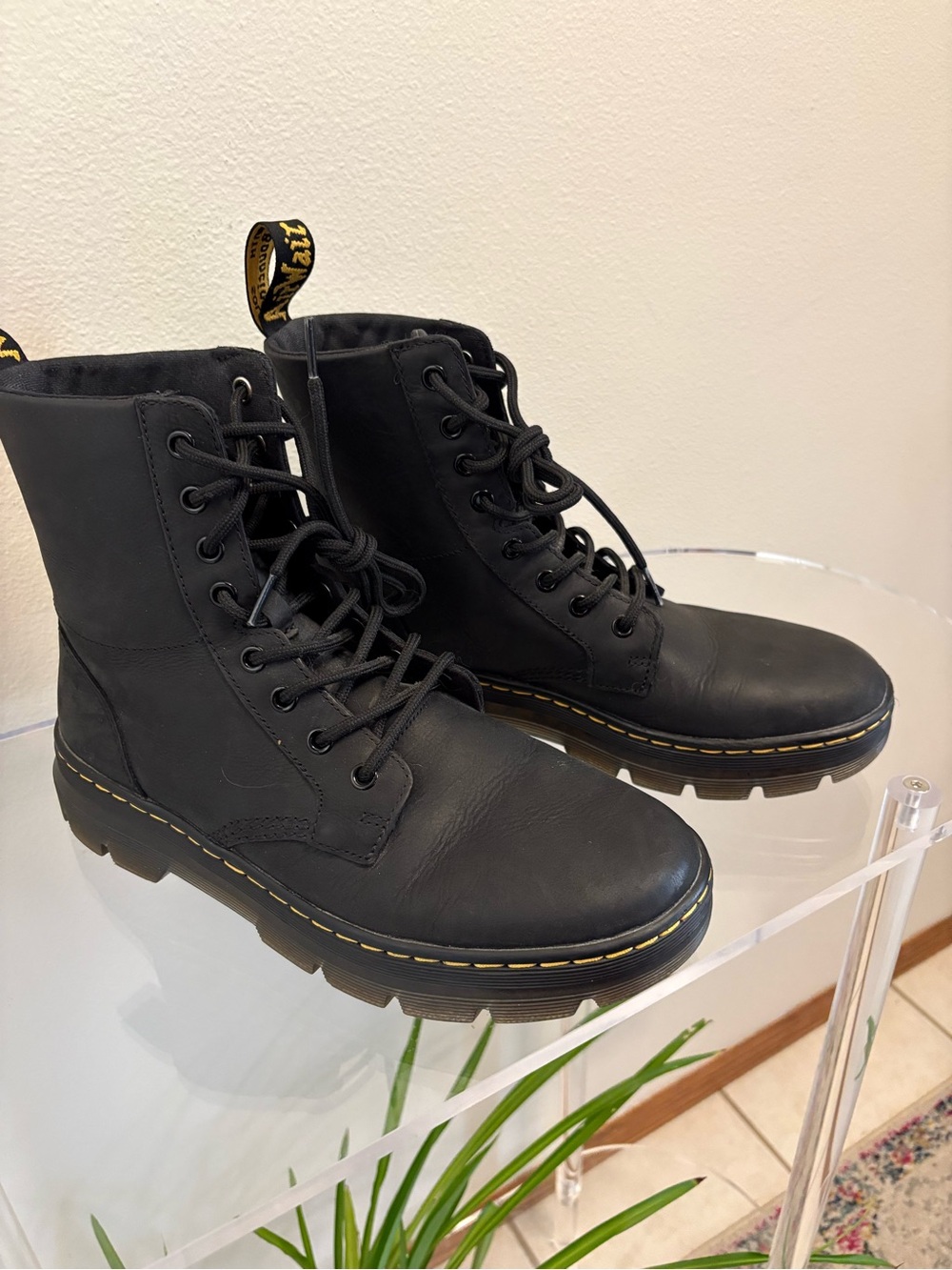 Dr. Martens Black Leather Lace-Up Platform Combat Boots with Yellow Stitching